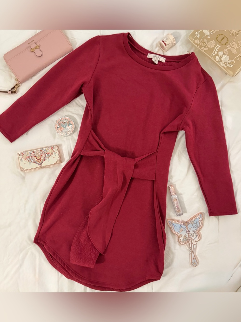 Burgundy Tie-Waist Long Sleeve Dress Adam Levine Collection